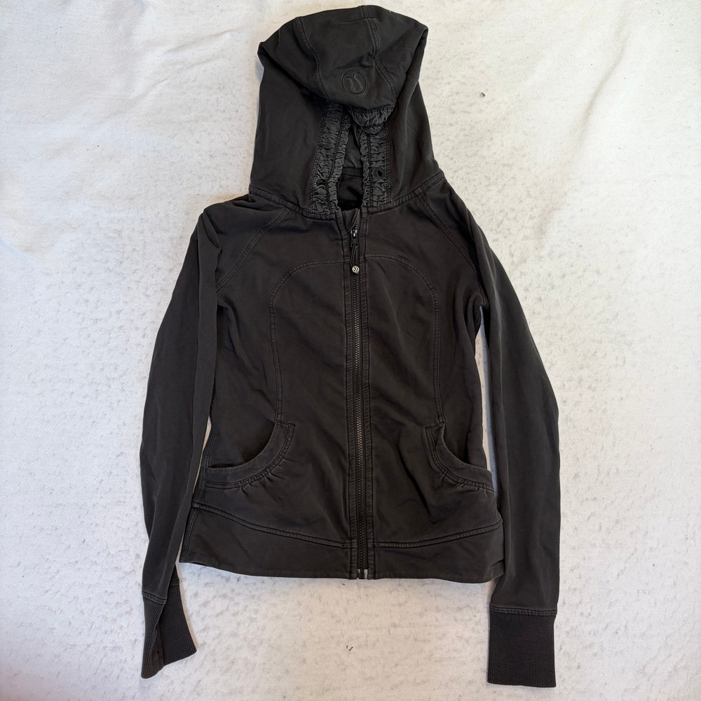 Lululemon Stride Jacket Womens Size 8 Black Full Zip Hooded Thumbholes Cotton